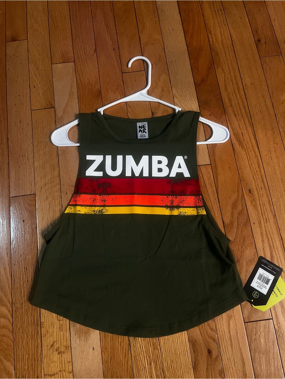 Zumba Fitness Olive Crop Tank with Red and Yellow Stripes